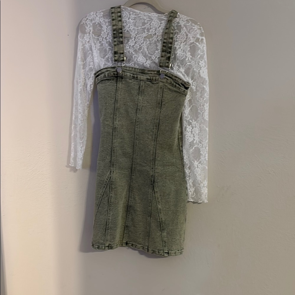 Green Denim Overall Dress with White Lace Top